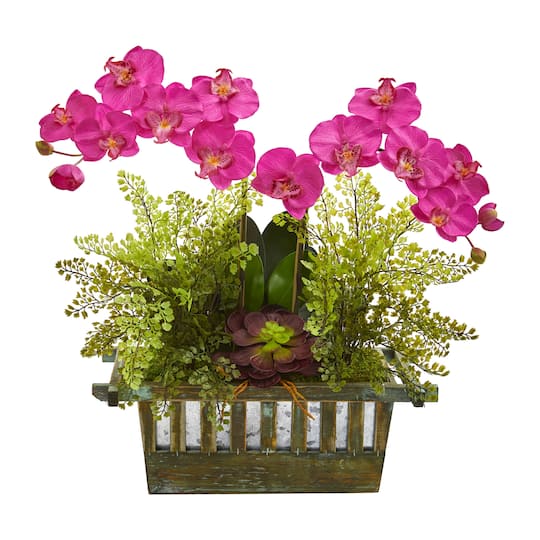 23&#x22; Pink Orchid &#x26; Succulent Arrangement in Wooden Planter